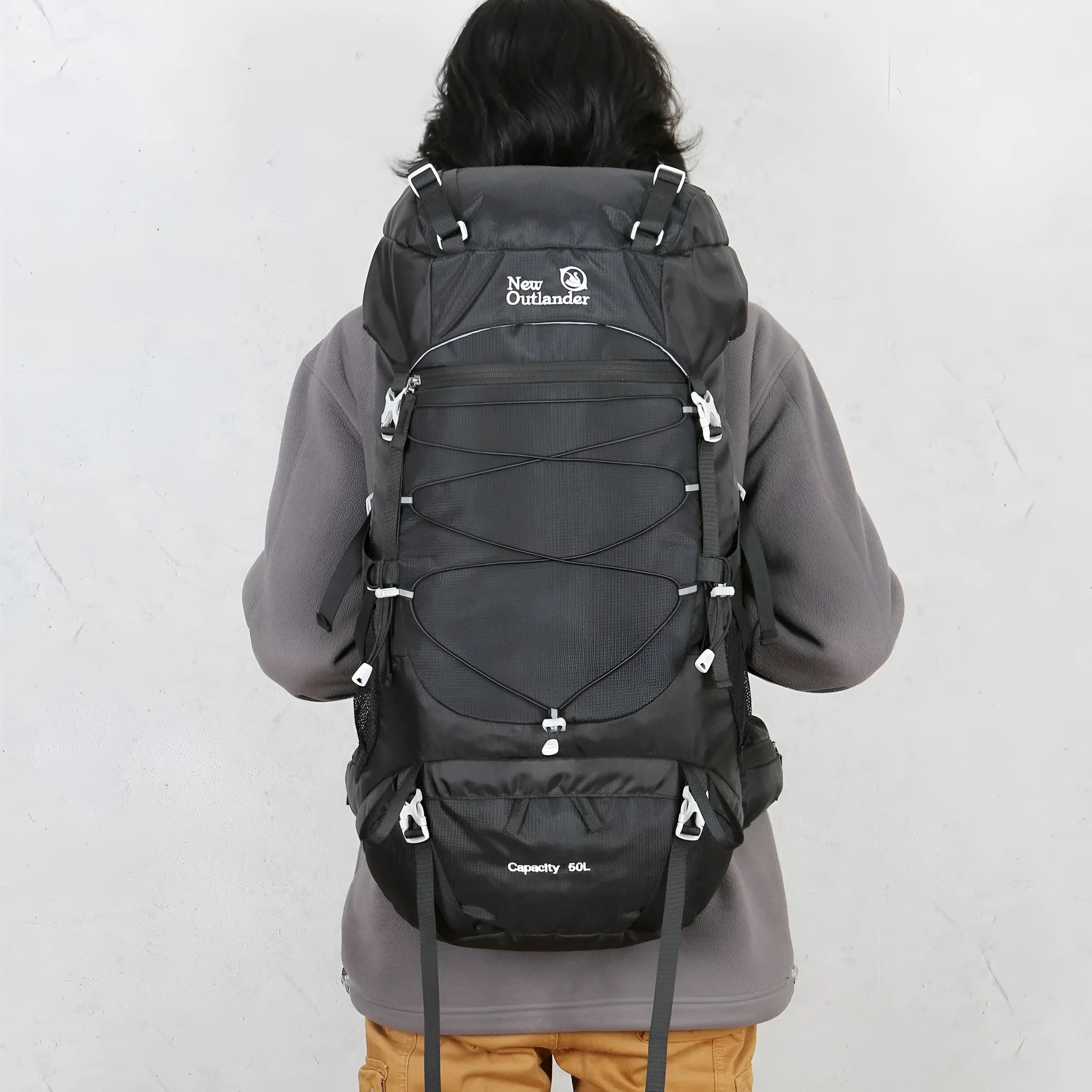 50L nylon mountaineering backpack in army green for hiking and camping