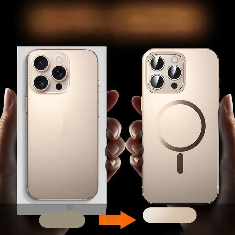Magnetic suction iPhone case with stainless steel acrylic half-pack in Desert Gold colour for iPhone 15 Pro Max
