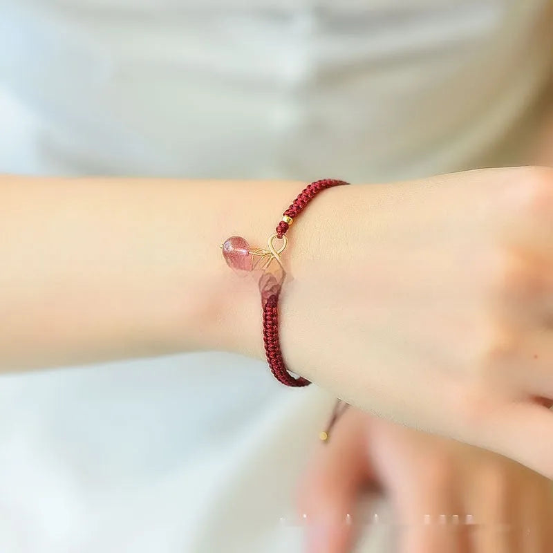 Natural Strawberry Quartz cherry bracelet for women with fruit-shaped crystal beads on adjustable band