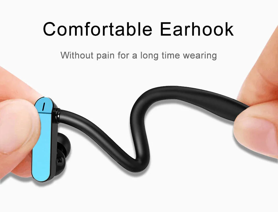 Black and blue sports earphones with flexible ear hooks and silicone gel earbuds for running and gym.