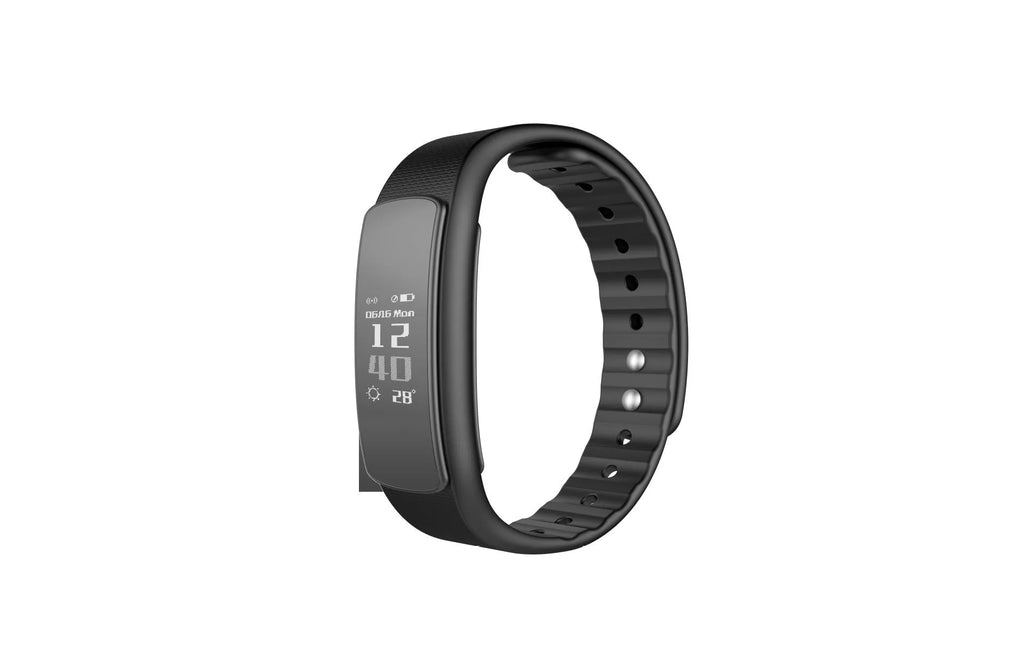 I6 smart sports bracelet with 0.96 inch touch screen in black or green colour showing fitness tracking display