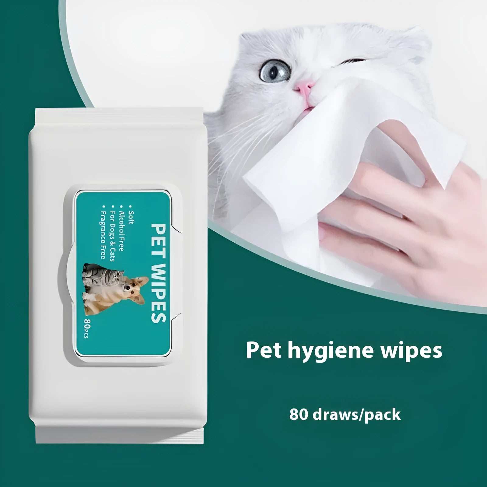Pet hygiene wipes in 10-draw dispenser pack for cleaning dog or cat paws and coat