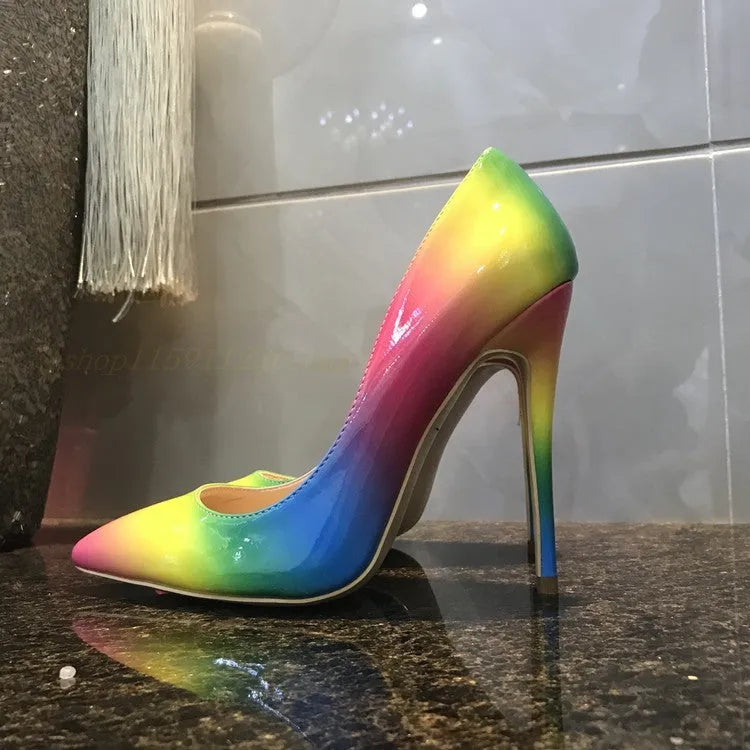 Rainbow patent leather high heels with pointed toe and thin heel in 10cm or 12cm options.