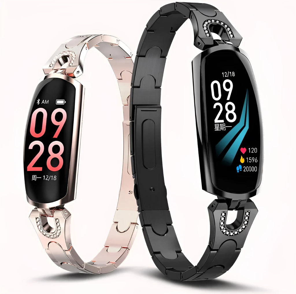 Smart bracelet with 0.96 inch TFT screen showing fitness data, available in Rose Gold, black, and silvery colours, IP67 waterproof design