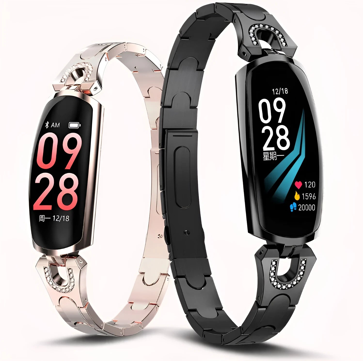 Smart bracelet with 0.96 inch TFT screen showing fitness data, available in Rose Gold, black, and silvery colours, IP67 waterproof design