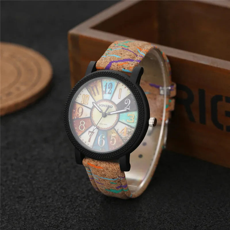 Women's vintage casual quartz watch with brown leather strap and 37mm round dial
