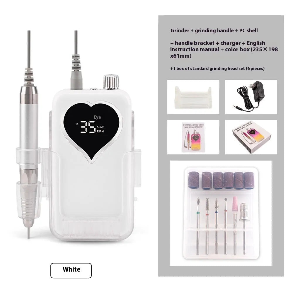 Brushless nail polishing machine with six-piece grinding head set and charger