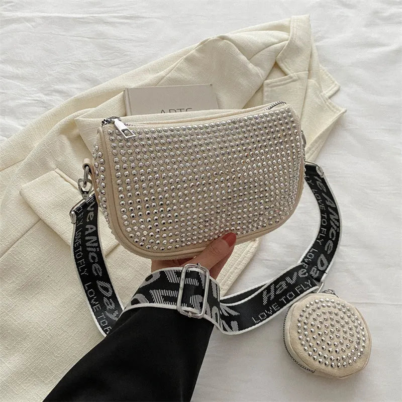 Rhinestone shoulder bag with small purse in black red white Oxford cloth dumpling shape