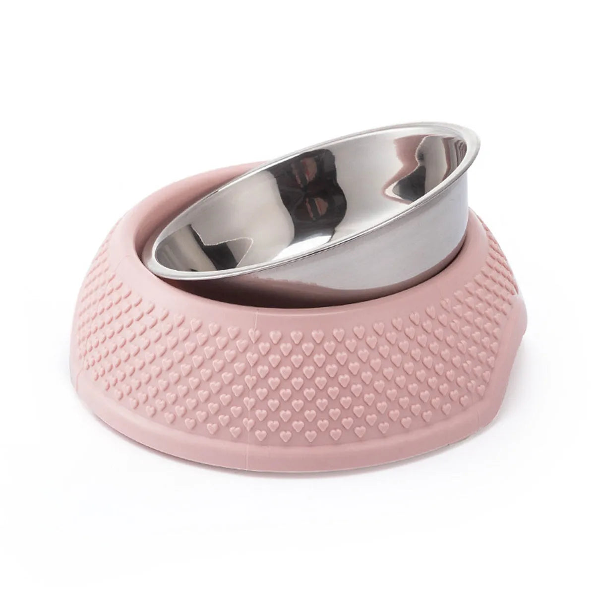 Set of four stainless steel pet bowls with coloured bases, shown from above.