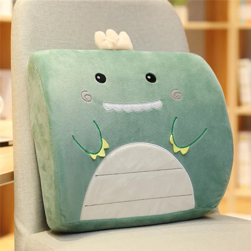 Cartoon memory foam seat back cushion showing embroidered designs on polyester cover with removable inner core
