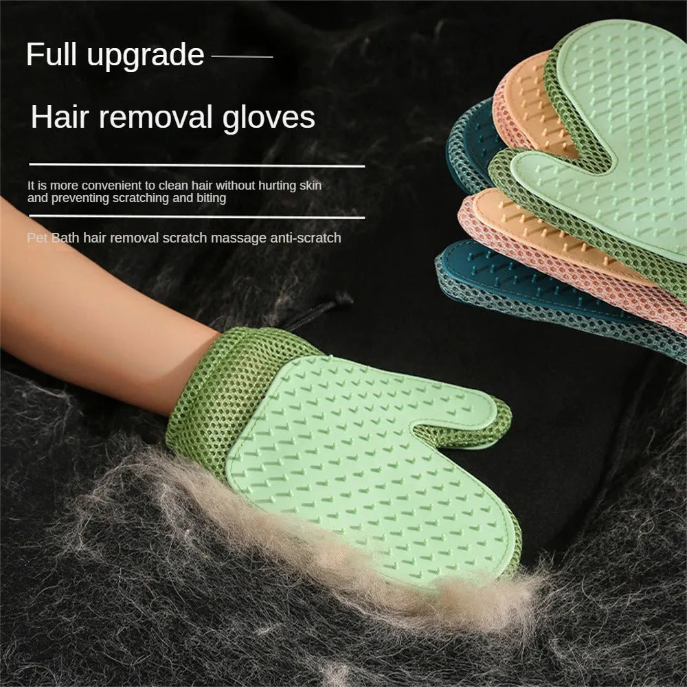 Pet hair removal grooming mitt for cats and dogs showing mesh texture and TPR construction