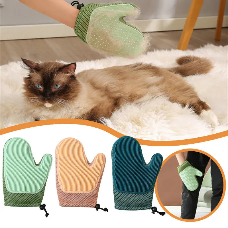 Pet hair removal grooming mitt for cats and dogs showing mesh texture and TPR construction