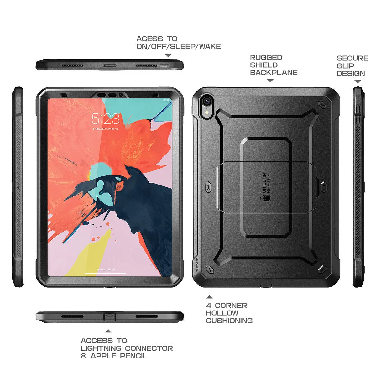 SUPCASE Unicorn Beetle Pro Series rugged case for iPad Pro 12.9 inch 2018 with kickstand and Apple Pencil holder, black