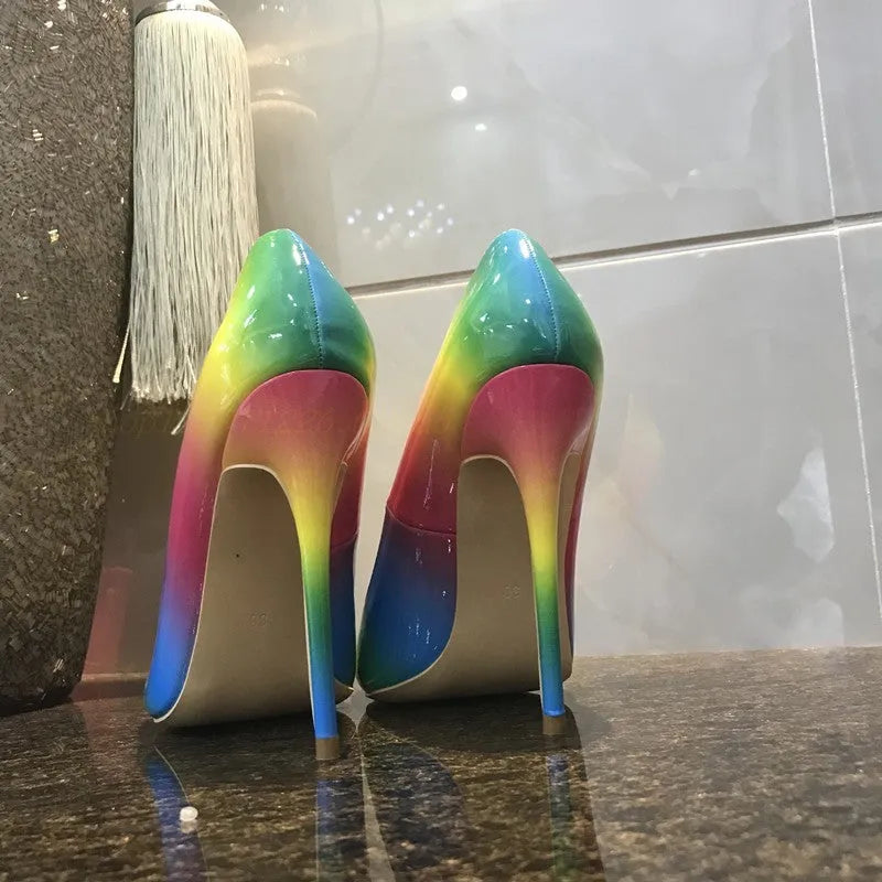 Rainbow patent leather high heels with pointed toe and thin heel in 10cm or 12cm options.