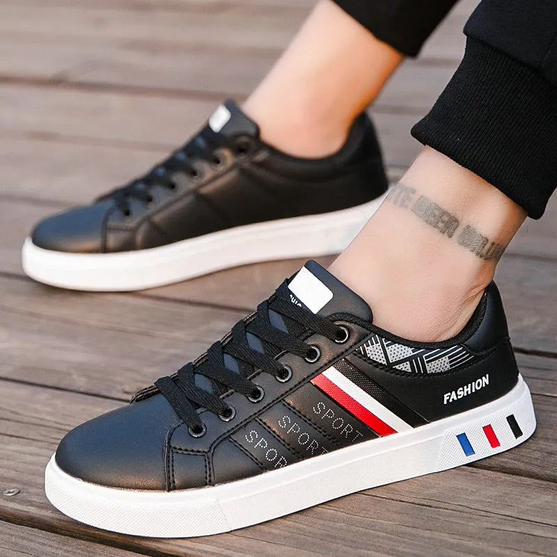 Men's sports shoes shown in black, also available in grey and white, with EU size tags from 39 to 44.