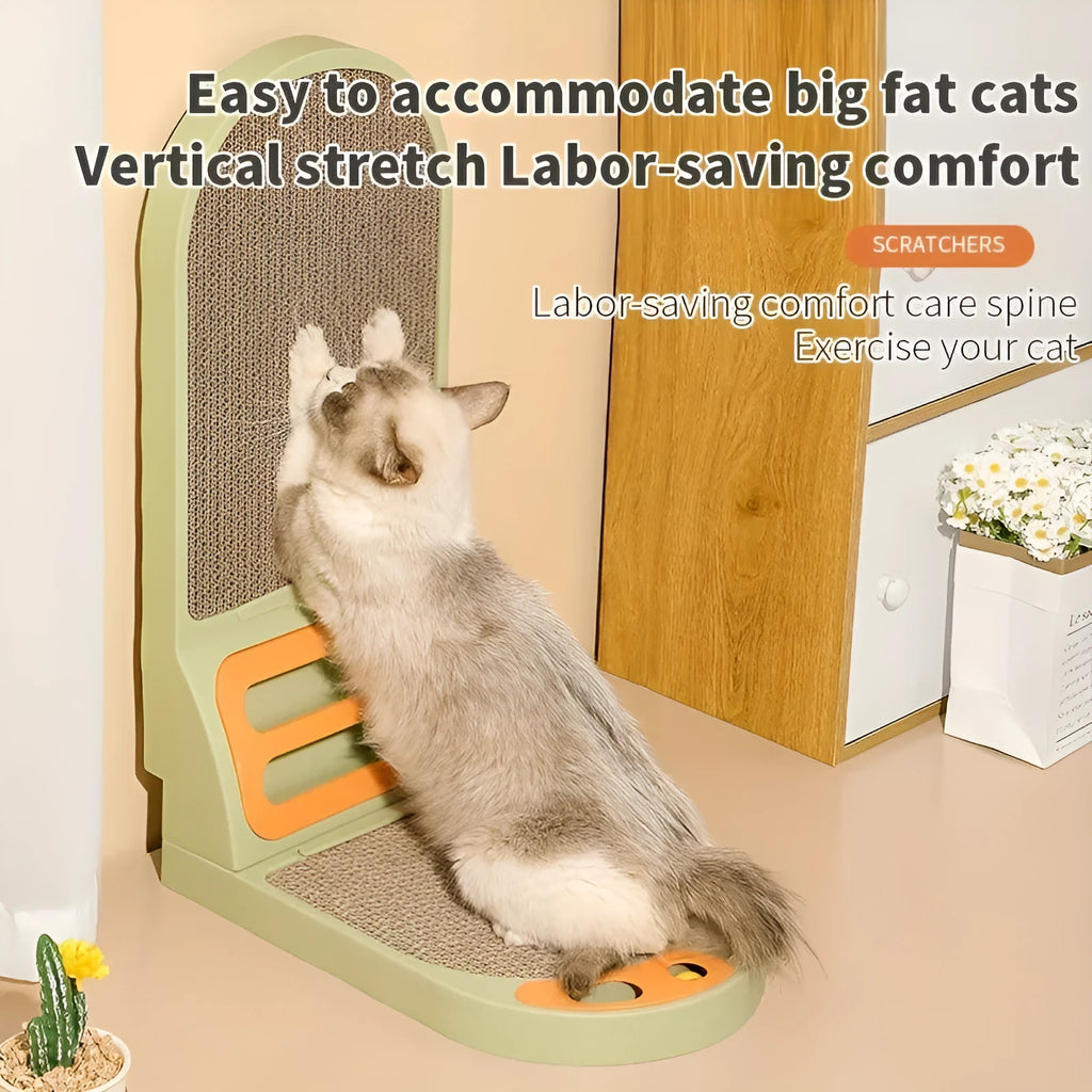 L-shaped vertical cat scratching board in green colour on a wooden floor