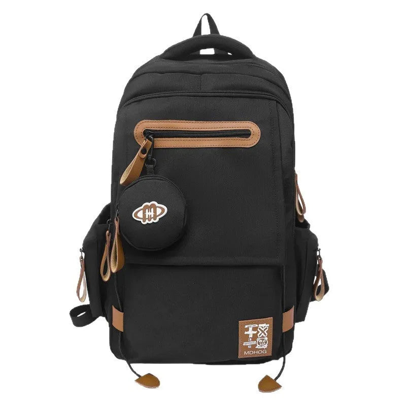Japanese large capacity leisure travel backpack in khaki with contrast stitching and nylon waterproof finish