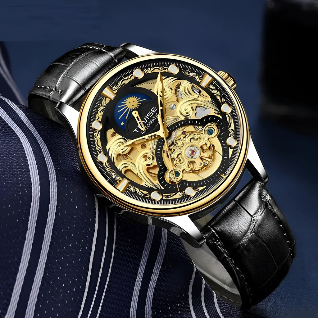 Men's gold leather strap automatic waterproof business watch with mechanical movement
