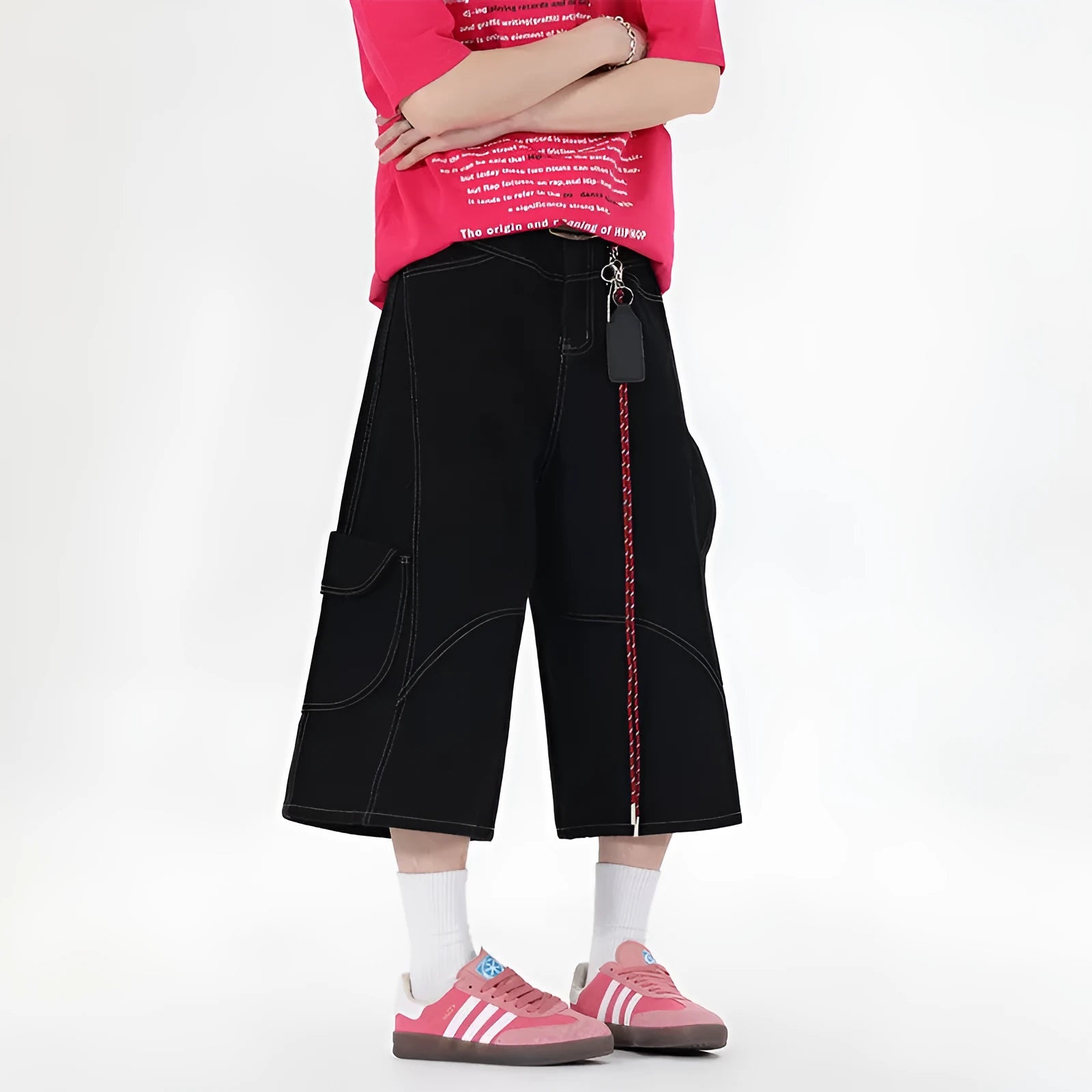 Black and red wide leg denim cropped pants with multiple pockets and mid waist
