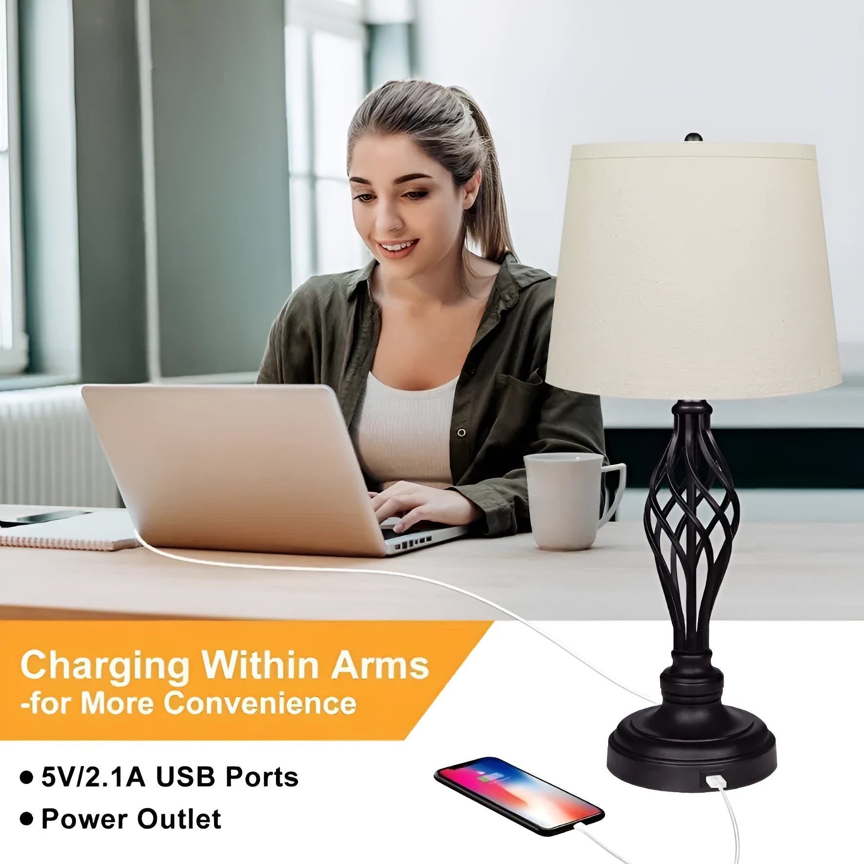 European style alloy bedside lamp with touch controls and USB charging port