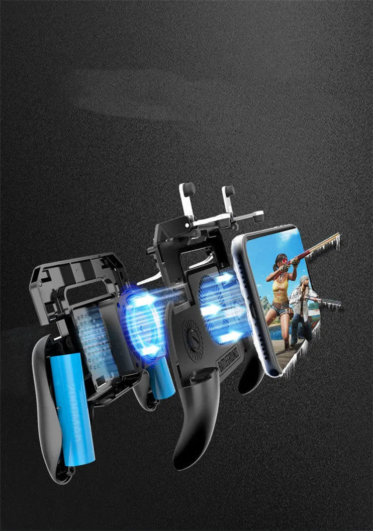 Black USB Type-C mobile game controller for smartphones with grip buttons and cooling vents.