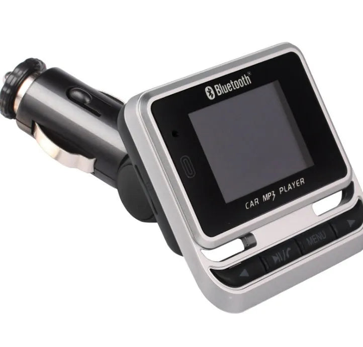 Silver Car Bluetooth MP3 player with monochrome screen and ABS plastic shell for vehicle use