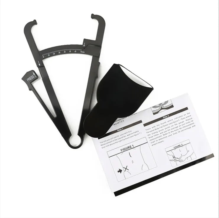 Black ABS body fat caliper with measurement scale and cable for skinfold thickness tracking