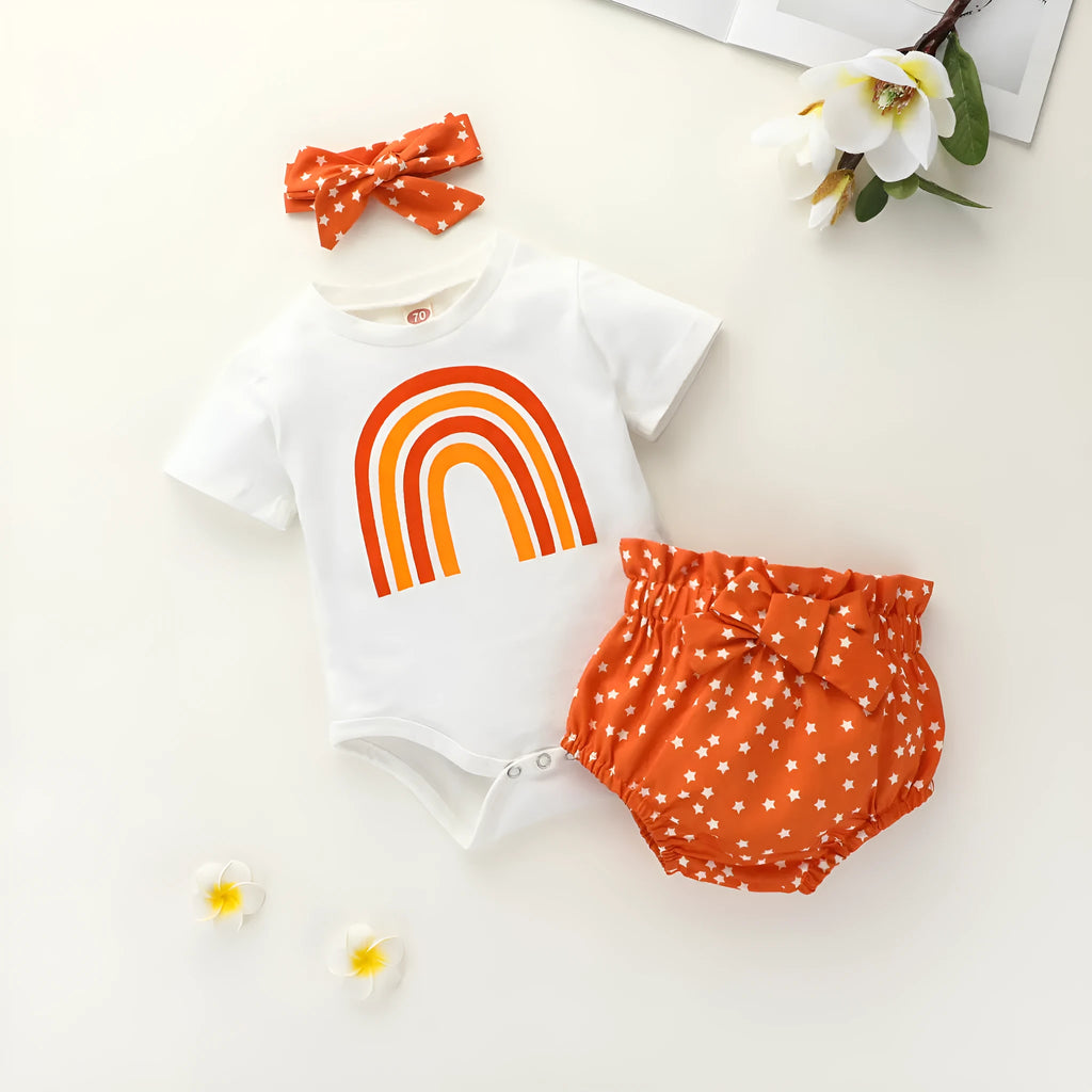 Girls' cotton rainbow romper three-piece set in beige with top, shorts, and cap, short sleeves and shorts length
