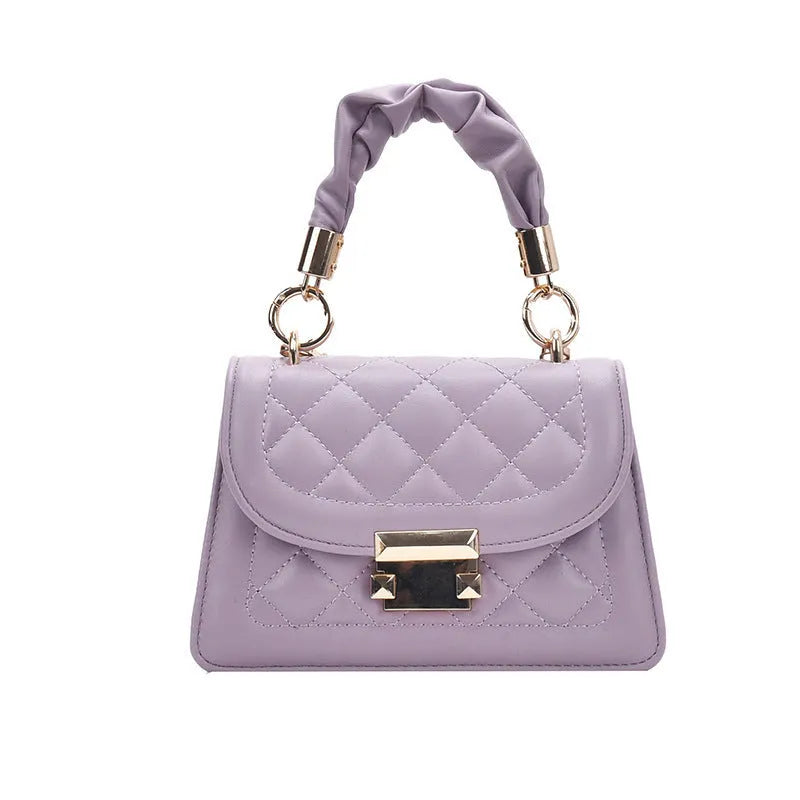 Korean style small square ladies crossbody bag in purple colour with soft PU surface