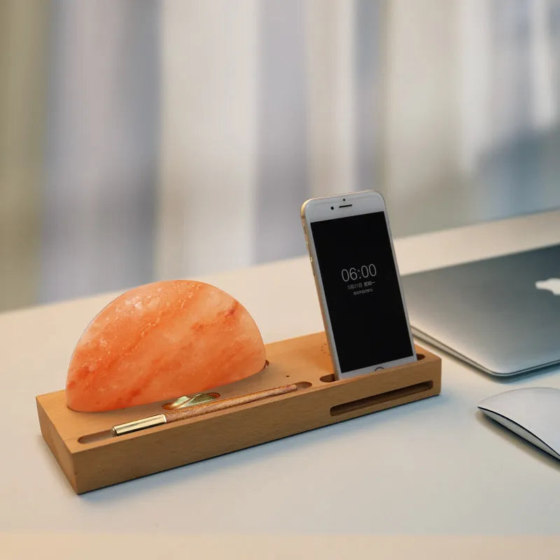 Sunrise Oriental LED table lamp with natural crystal salt shade and wireless charging on beech wood base