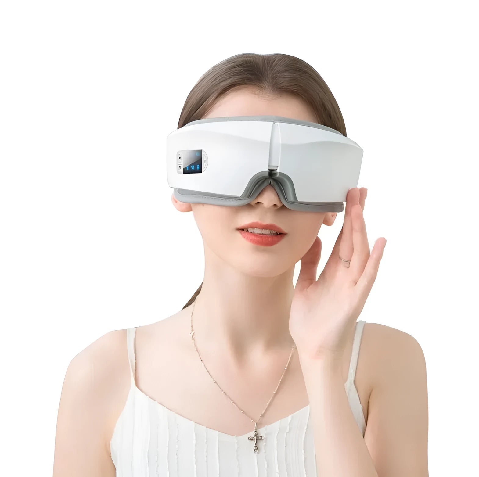 Black rechargeable eye massager with LCD screen, adjustable headband, and Bluetooth music player showing air pressure and hot compress functions