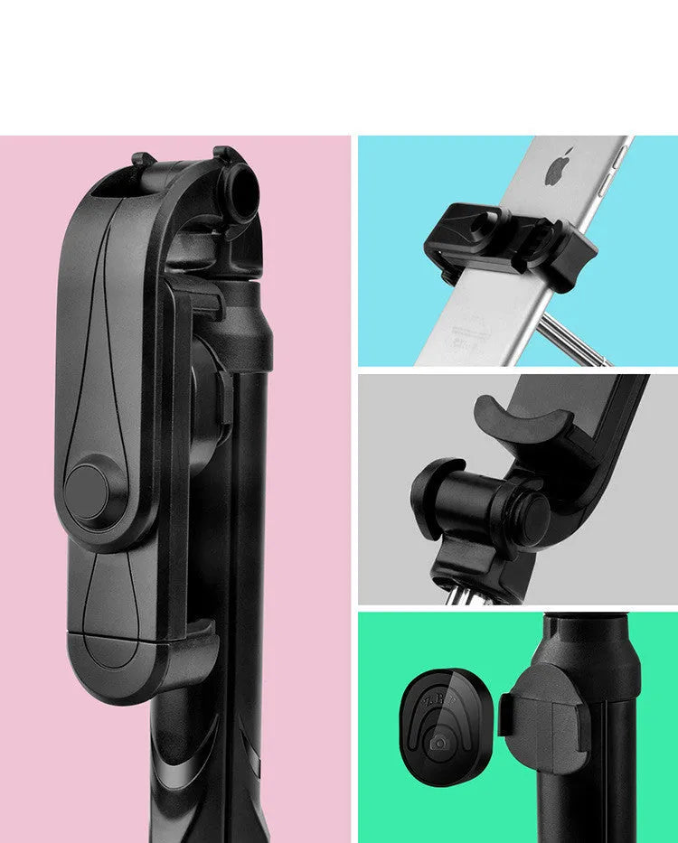 Bluetooth tripod selfie stick with remote control extended to 763mm length showing phone clip rotation