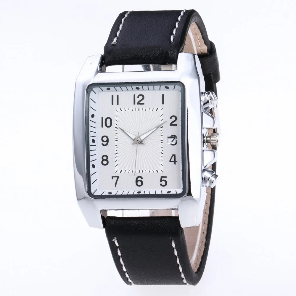 Men's quartz analogue watch with leather band and metal case, easy to read dial