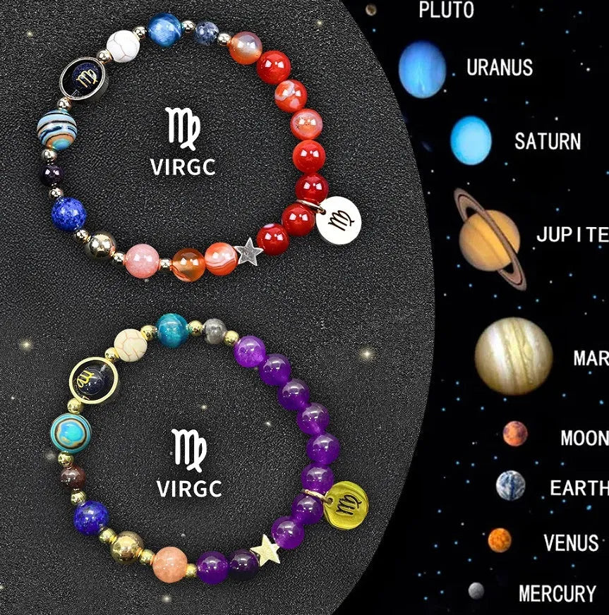 Natural stone beaded zodiac bracelet set with metal charm pendants showing astrological symbols