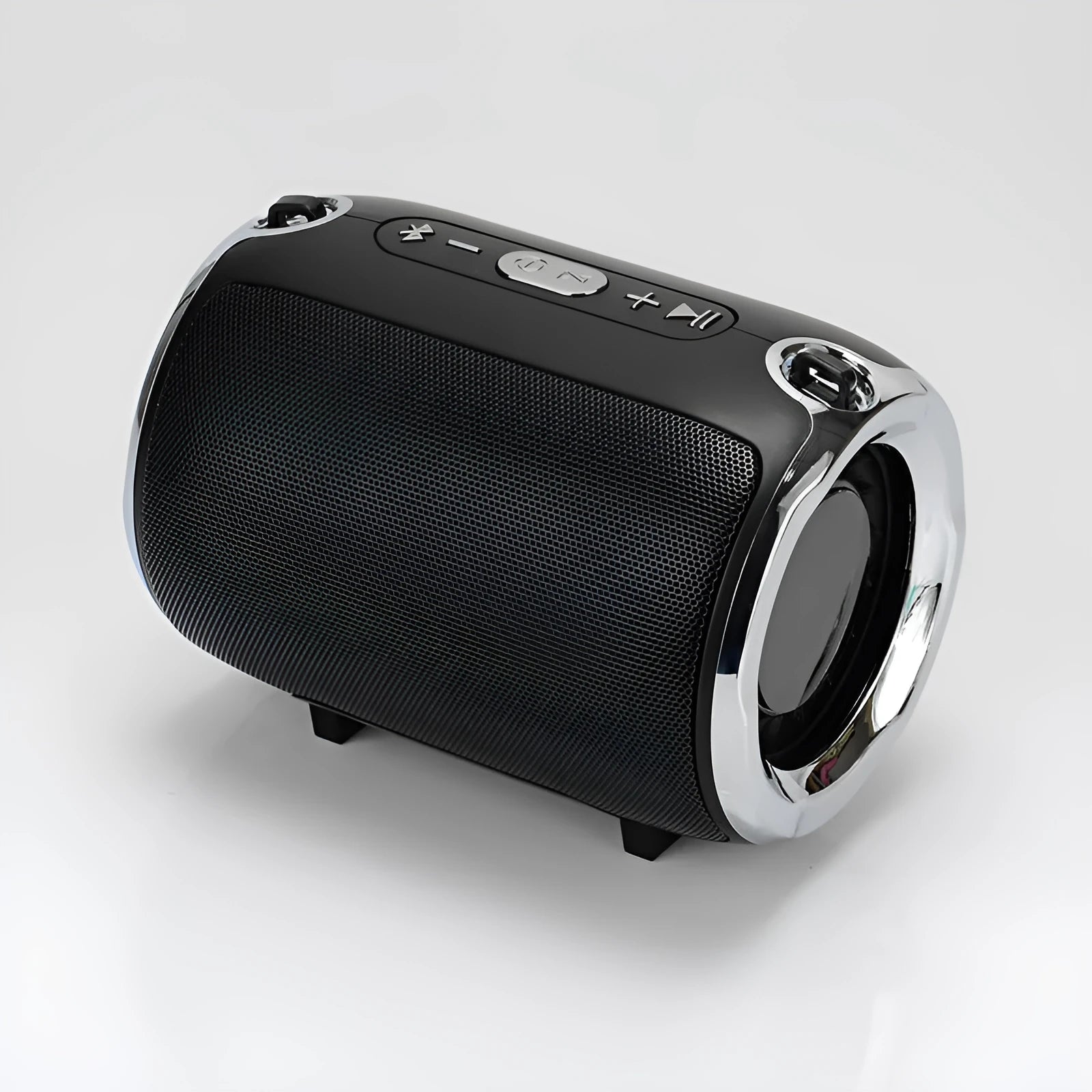 Portable plug-in subwoofer with metal casing in choice of five colours, showing button controls.