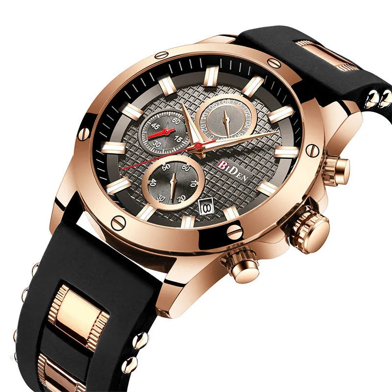 Men's quartz watch with blue dial, silicone band, 40mm alloy case and stainless steel pin buckle
