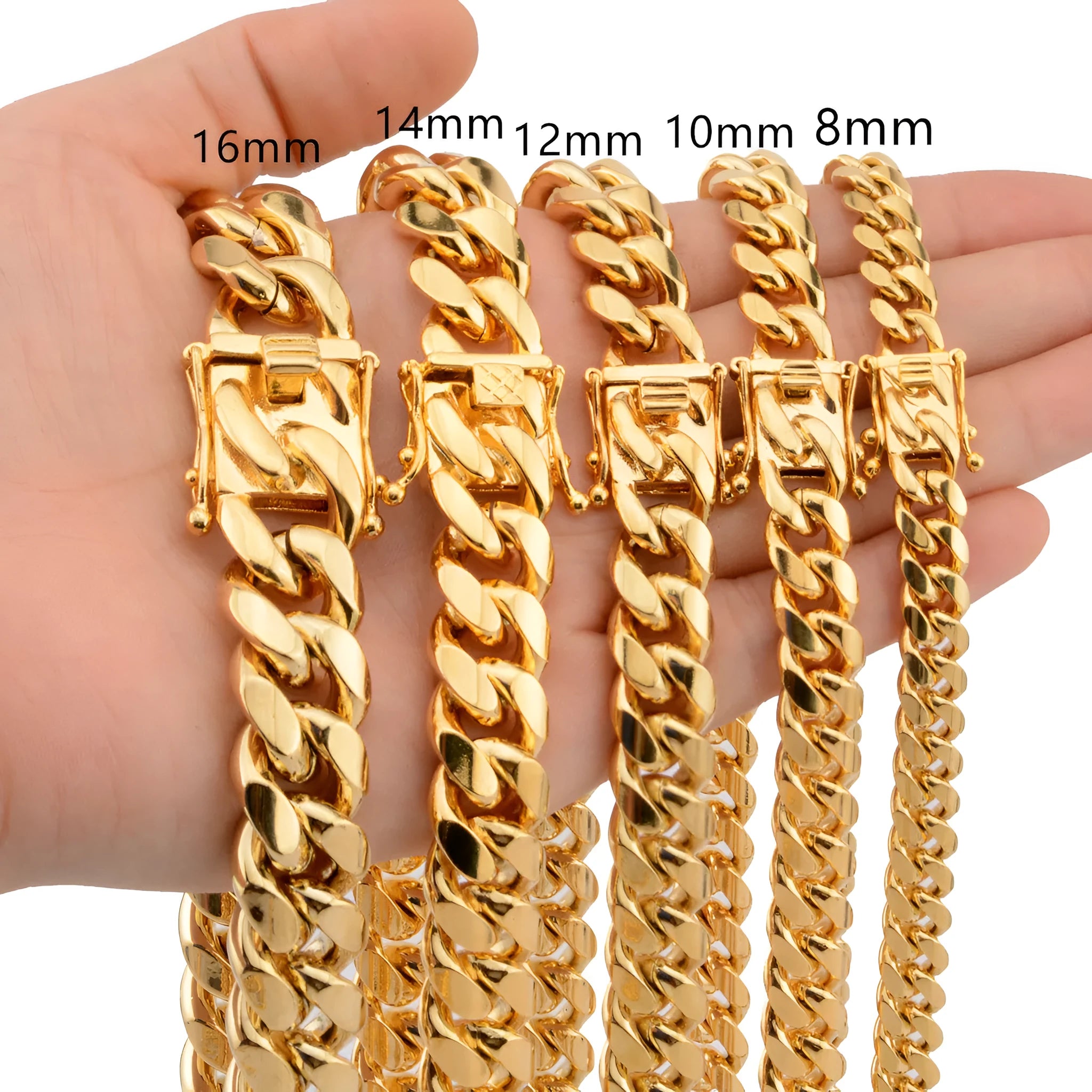 Gold stainless steel Miami Cuban link chain 12mm width on a white background