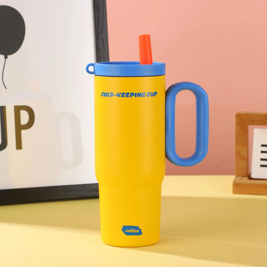Insulated portable straw cup with handle and lid in choice of five colours