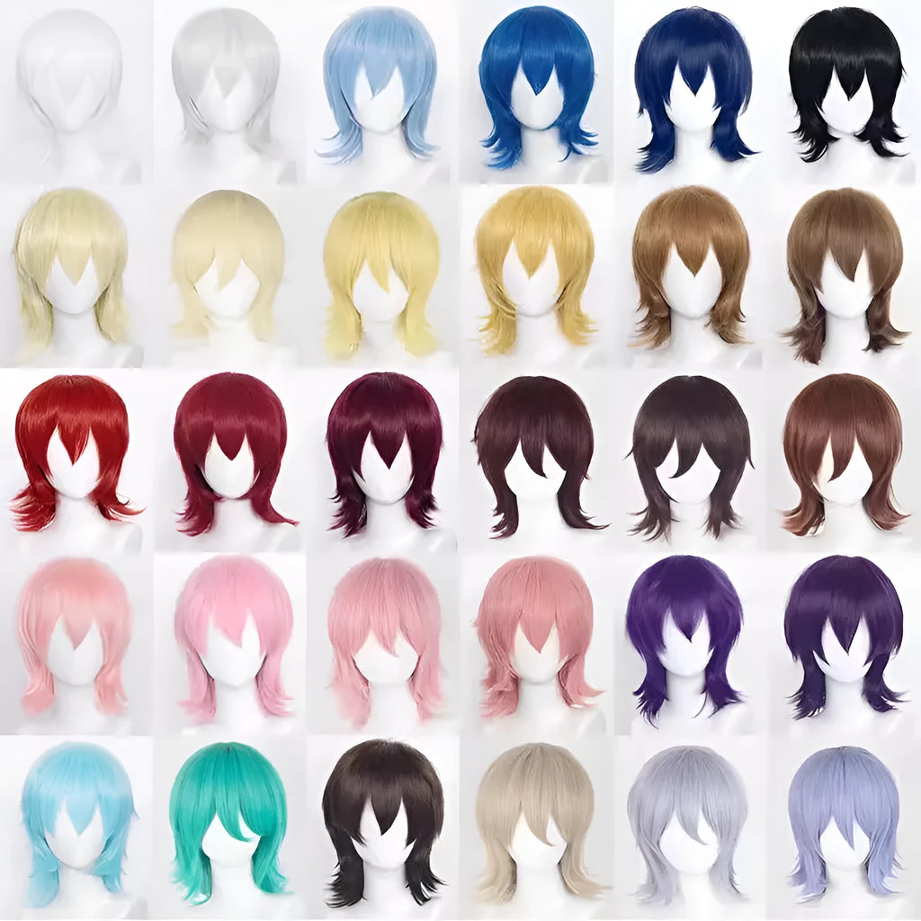 A short hairstyle Anime cosplay wig for men on a stand, shown in a vibrant colour.