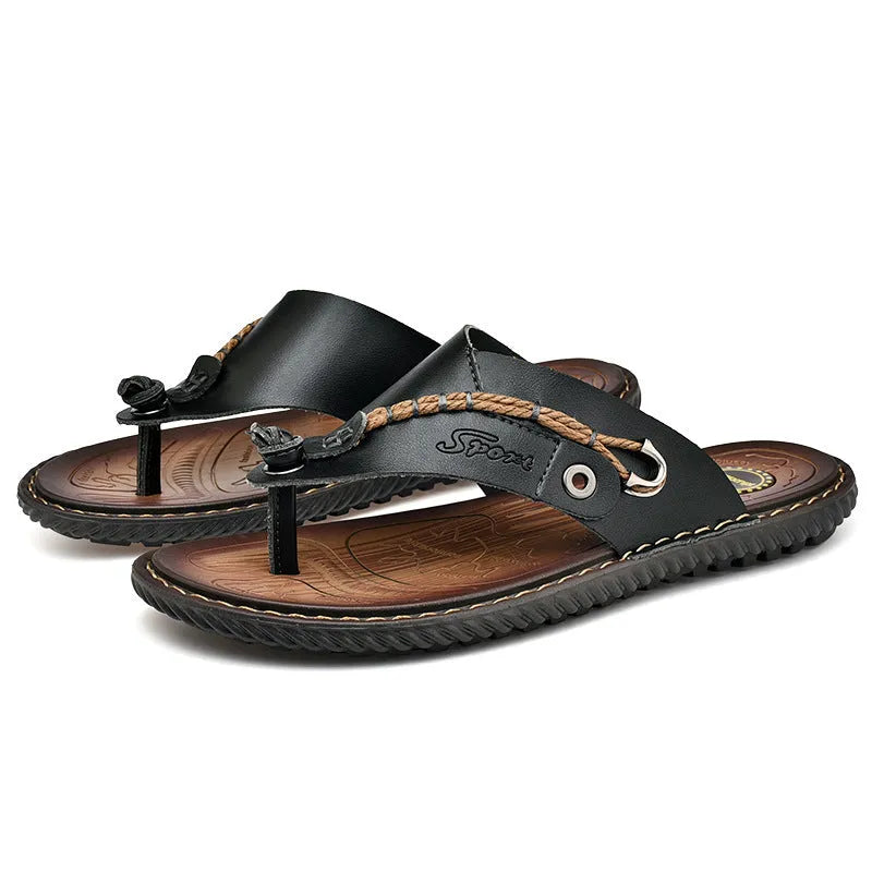 Men's black casual slippers with non-slip sole and PU leather upper on a plain background.