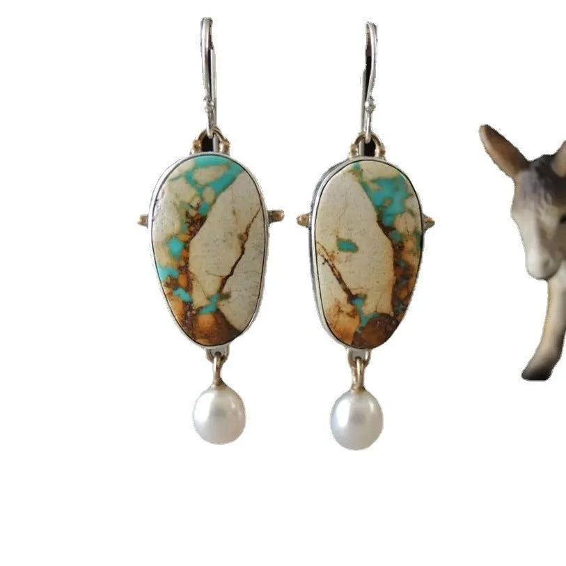 Vintage turquoise and pearl drop pendant earrings, alloy, electroplated, 45mm by 13mm colourful drop shape