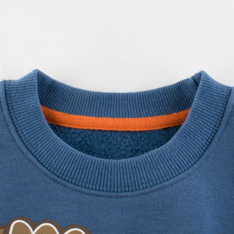 Blue children's velvet fleece pullover with cartoon sports pattern for boys aged 3 to 8
