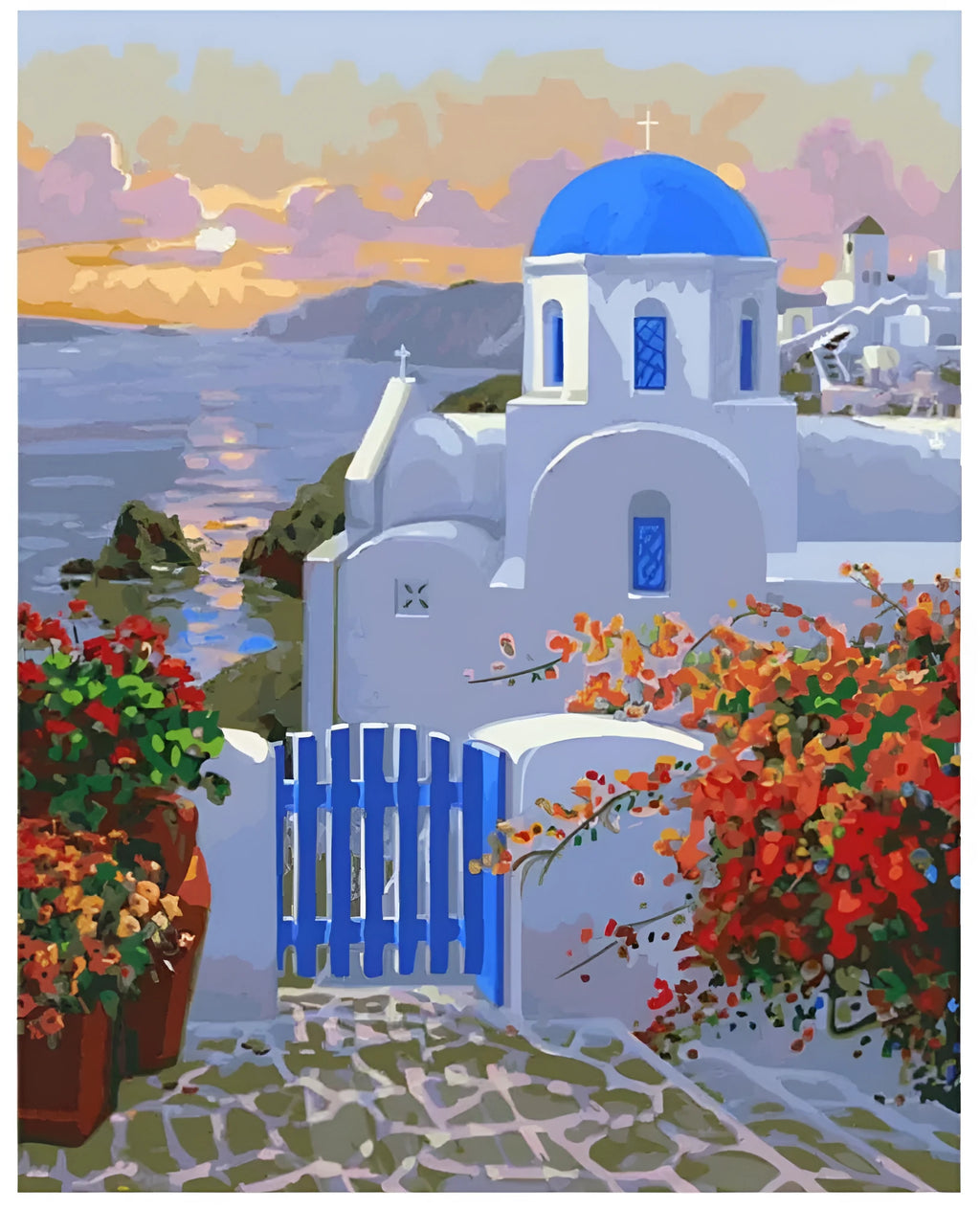 Frameless DIY digital oil painting kit showing 40x50cm sea view villa canvas, acrylic paints, and brushes.