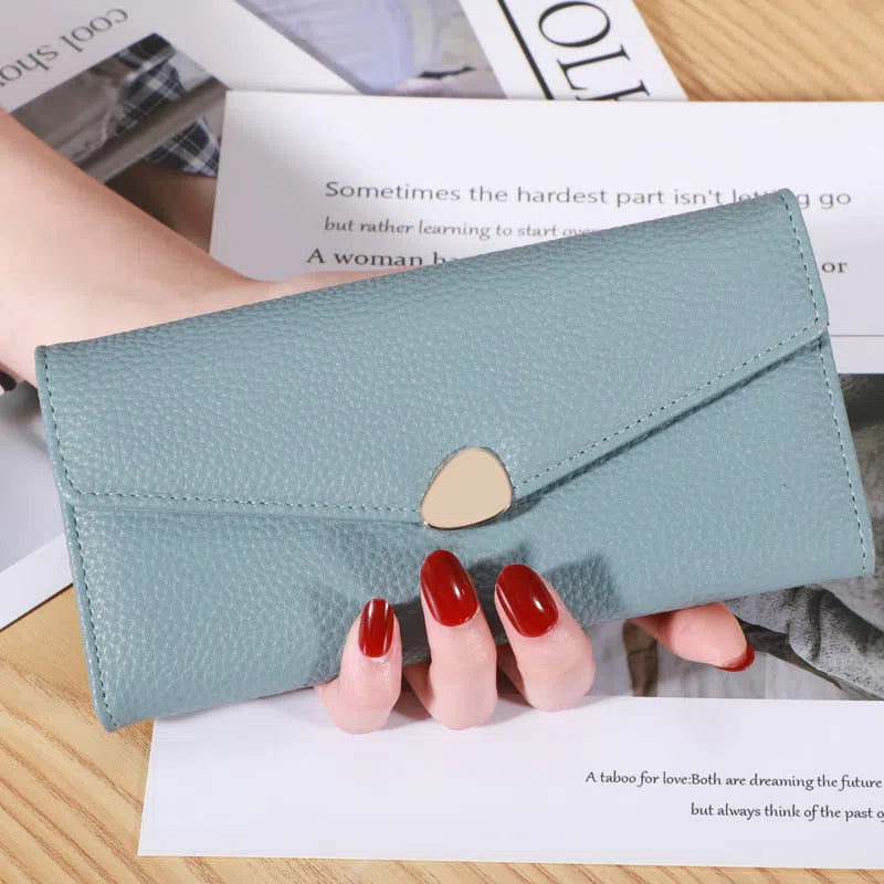 Women's lychee-pattern PU leather clutch wallet in solid colour with patchwork detail