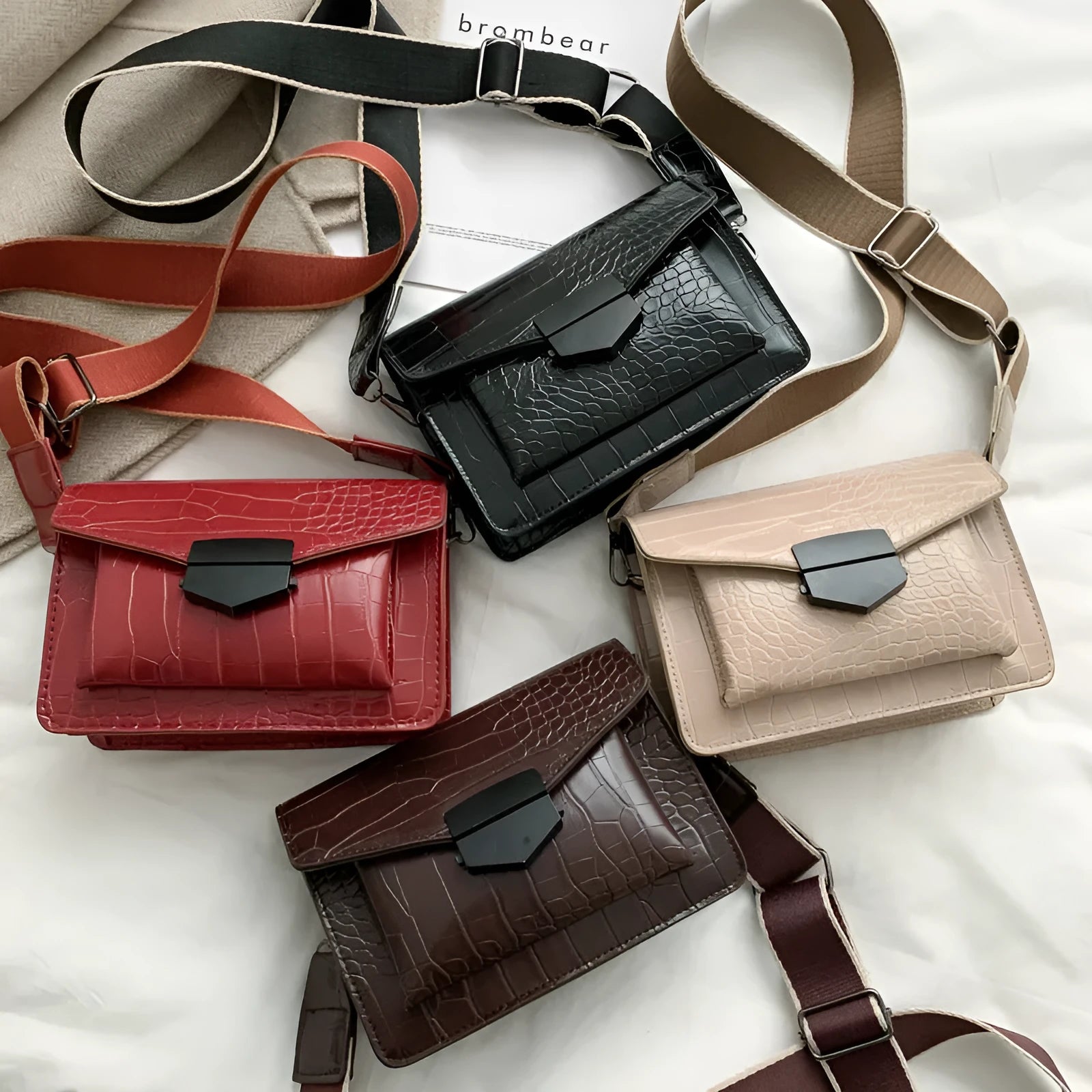 Vintage PU fabric crossbody bag showing dimensions and colour options