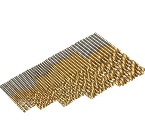 50-piece set of titanium-coated high-speed steel twist drill bits on a metal ring.