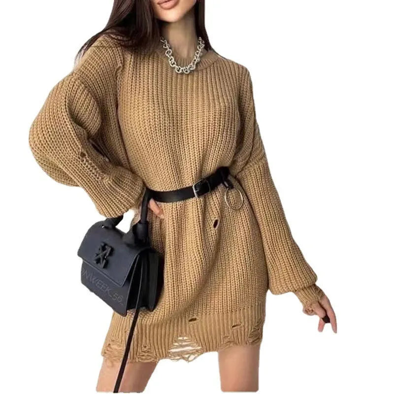 Loose hole knitted pullover sweater for women in solid colour Rose Red, black, and khaki
