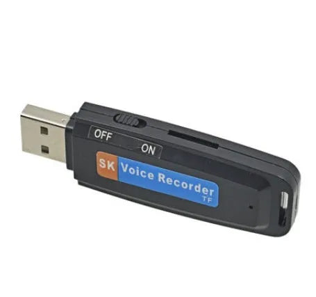Black and white creative USB flash drive with voice card function on a plain background