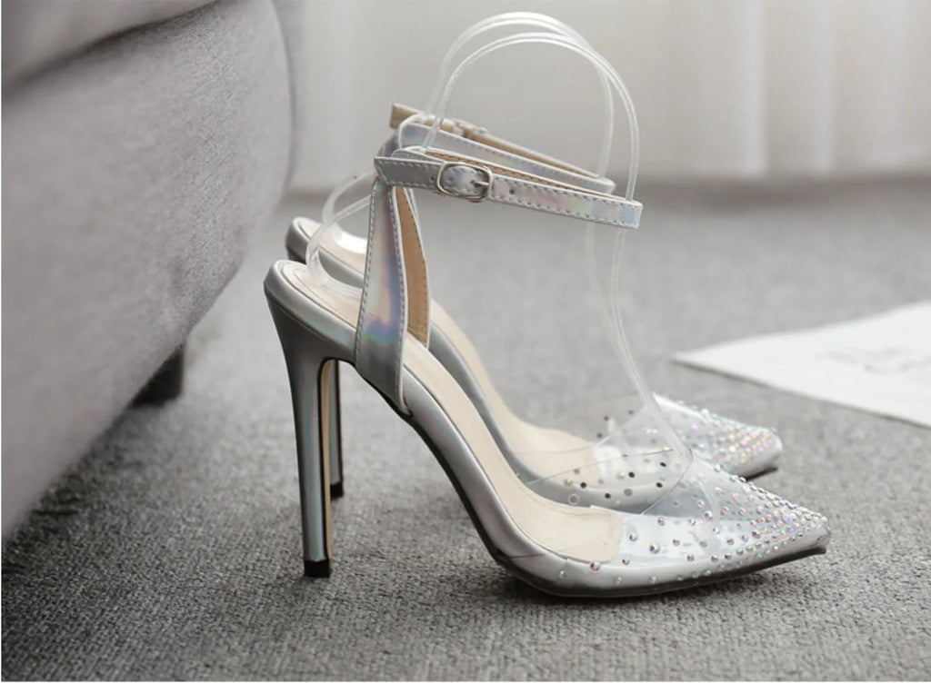 Women's pointed toe diamond sandals with stiletto heels on a white background