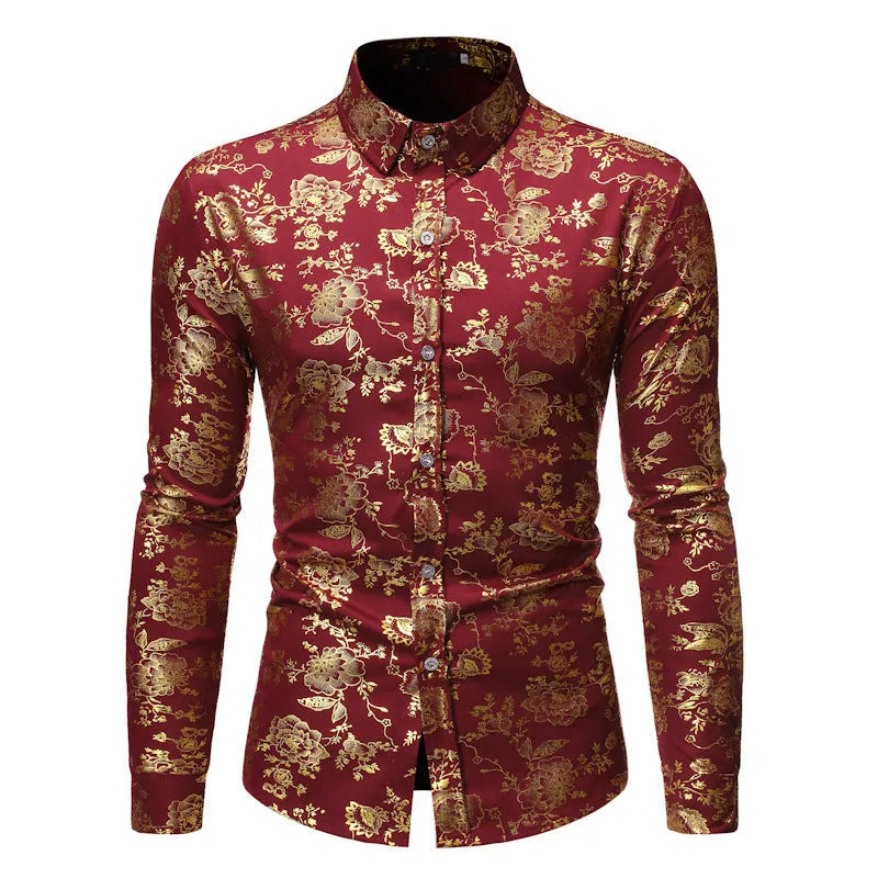 Man wearing a cardigan-style shirt with a metal bronzing printed lapel in wine red.